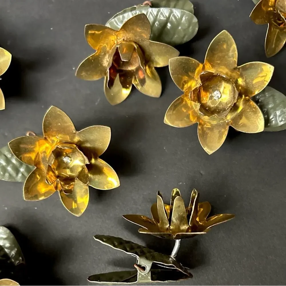 Vintage 1940s Gold & Green Metal Floral Clip-On Christmas Tree Candle Ornaments